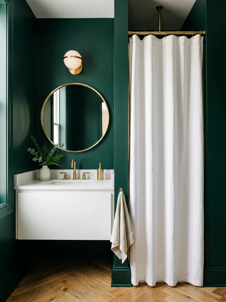 Emerald Green Bathroom With Crisp White Shower Curtain