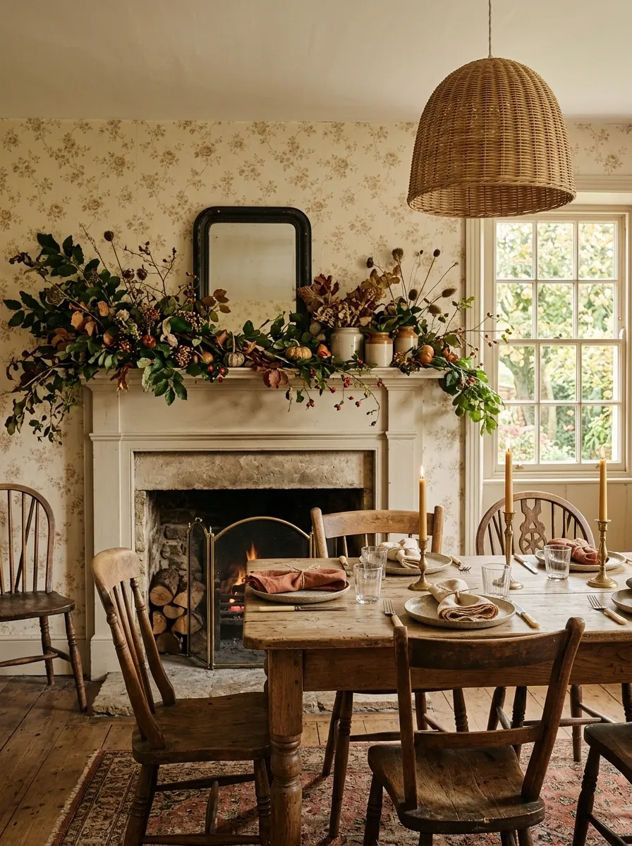 English Cottage Dining Room With Full Mantel Greenery