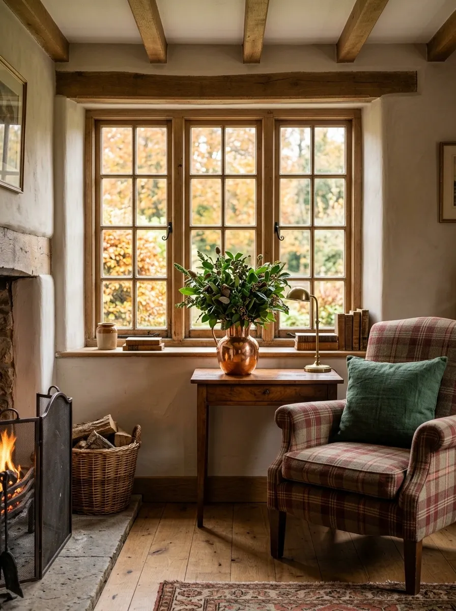 English Country Window With Tartan and Copper