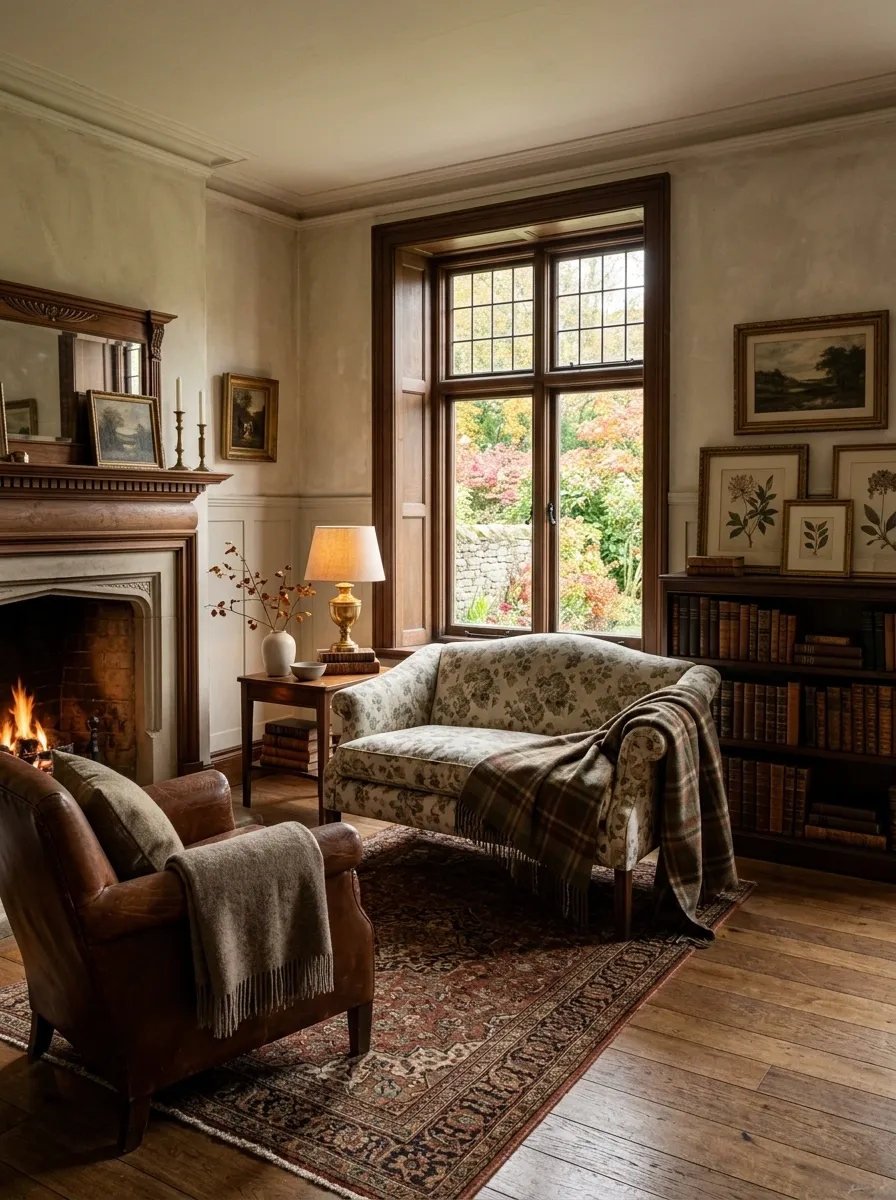English-Inspired Sitting Room With Muted Plaid and Walnut