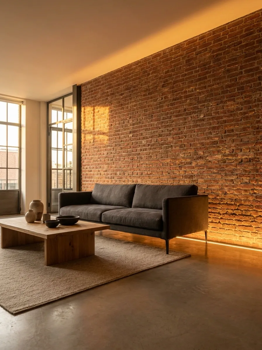 Exposed Brick Washed in Warm Amber Uplighting