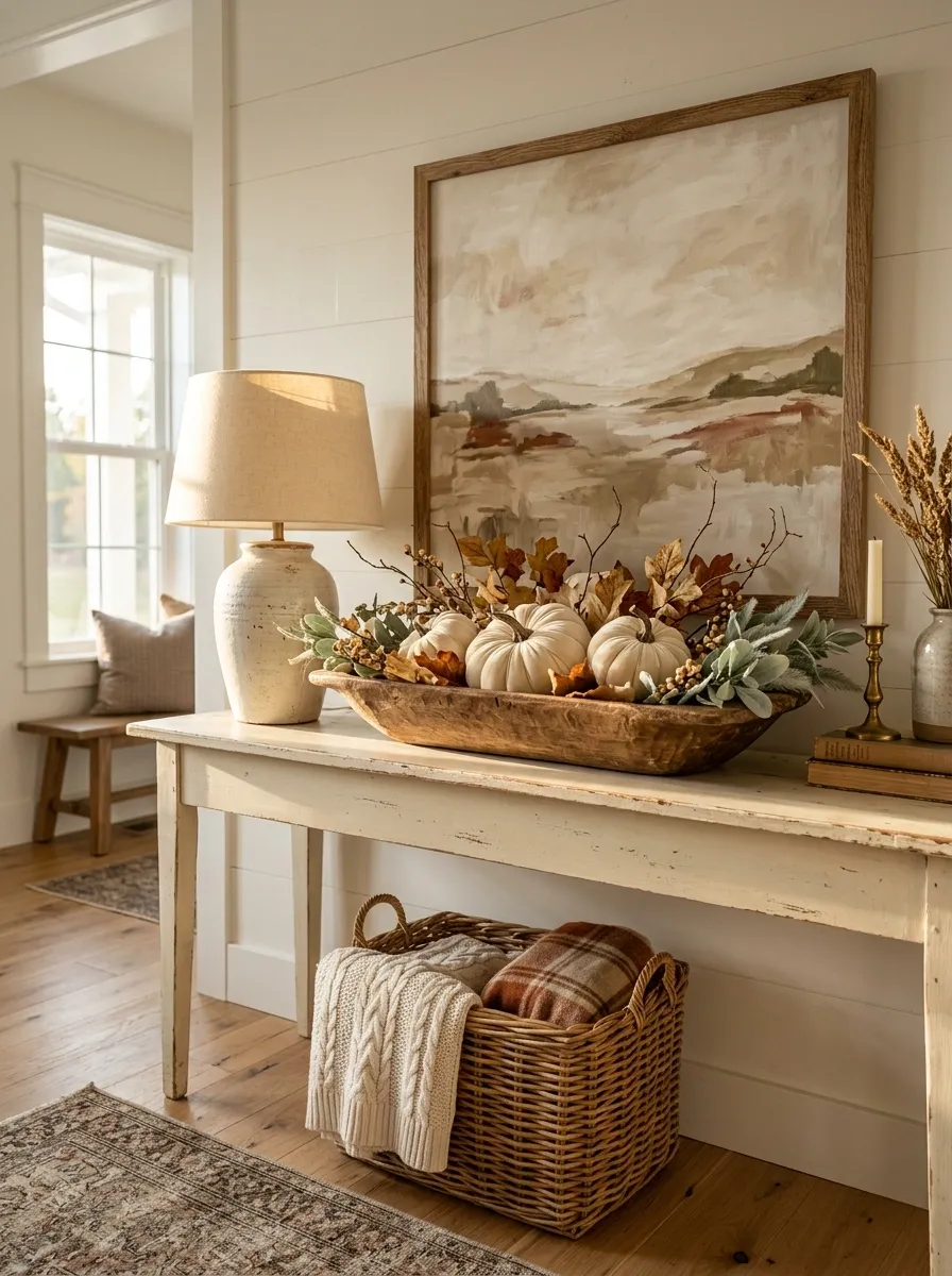 Fall Dough Bowl on a Console With Layered Decor