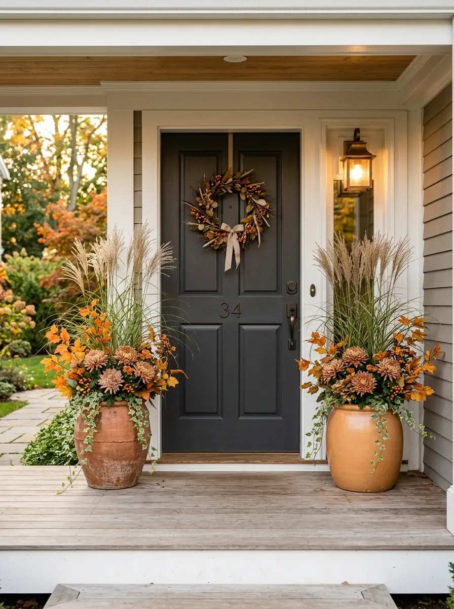 Fall Planters With Muted Pumpkin Tones