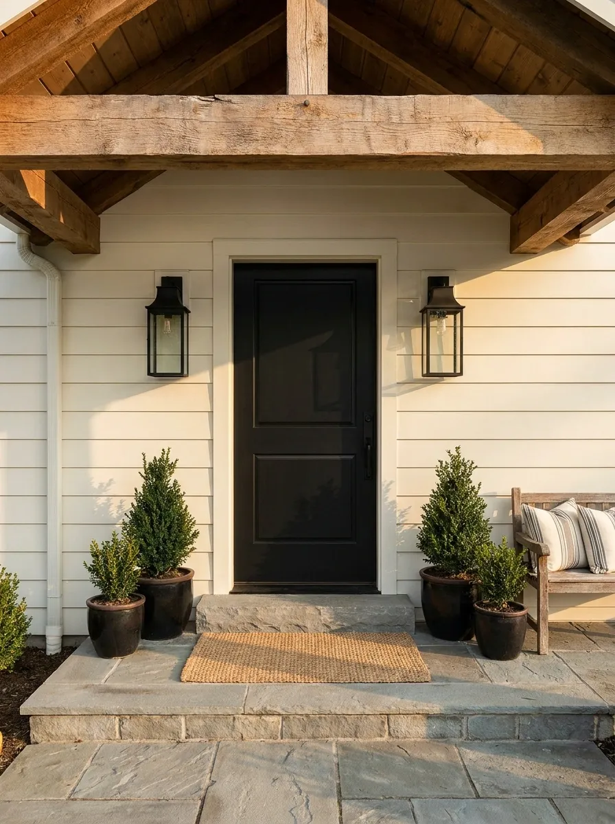 Farmhouse Black Door With Timber Porch Roof