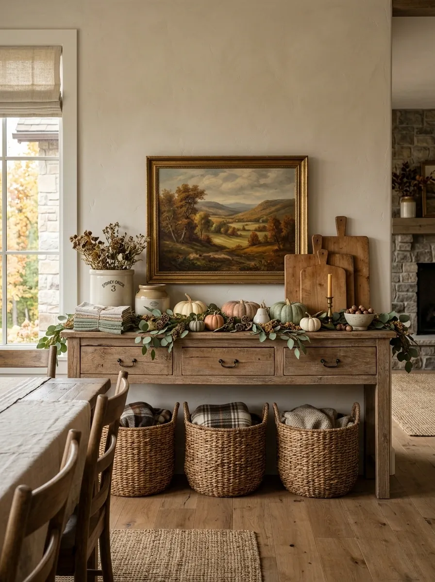Farmhouse Buffet With Pumpkin and Eucalyptus Layers