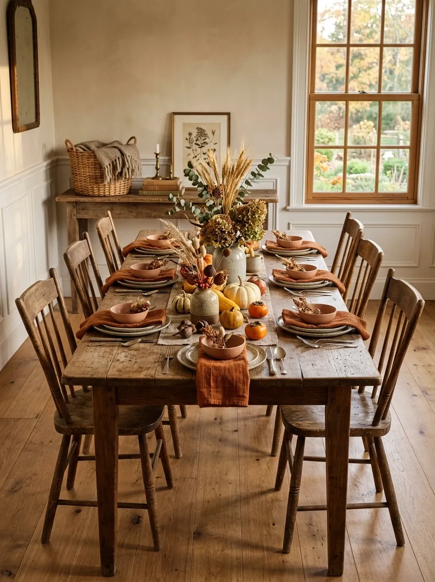 Farmhouse Dining Room With Stoneware and Harvest Tones