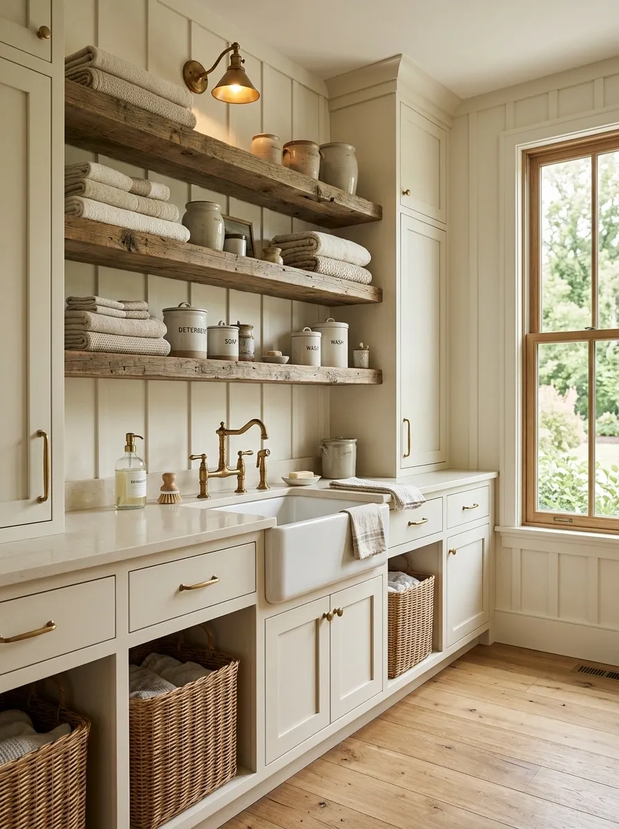 Farmhouse Laundry Room With Reclaimed Wood Shelving