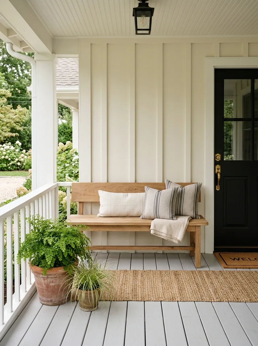 Farmhouse Porch With Narrow Wood Bench and Black Door