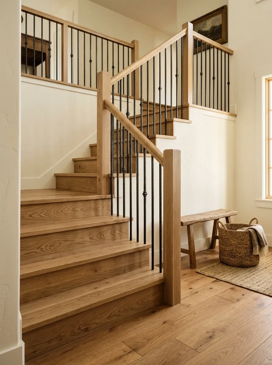 Farmhouse Staircase With White Oak and Aged Iron