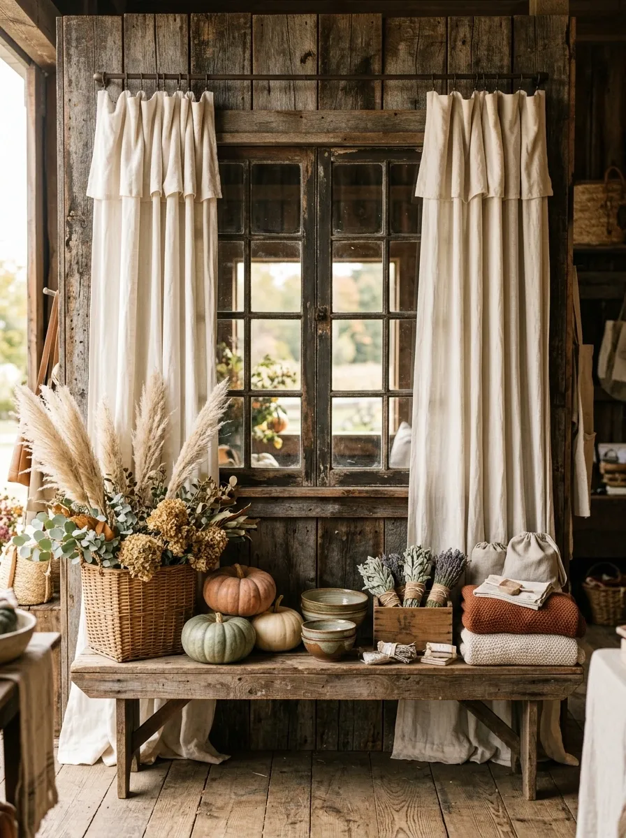 Farmhouse Window Display With Layered Curtains