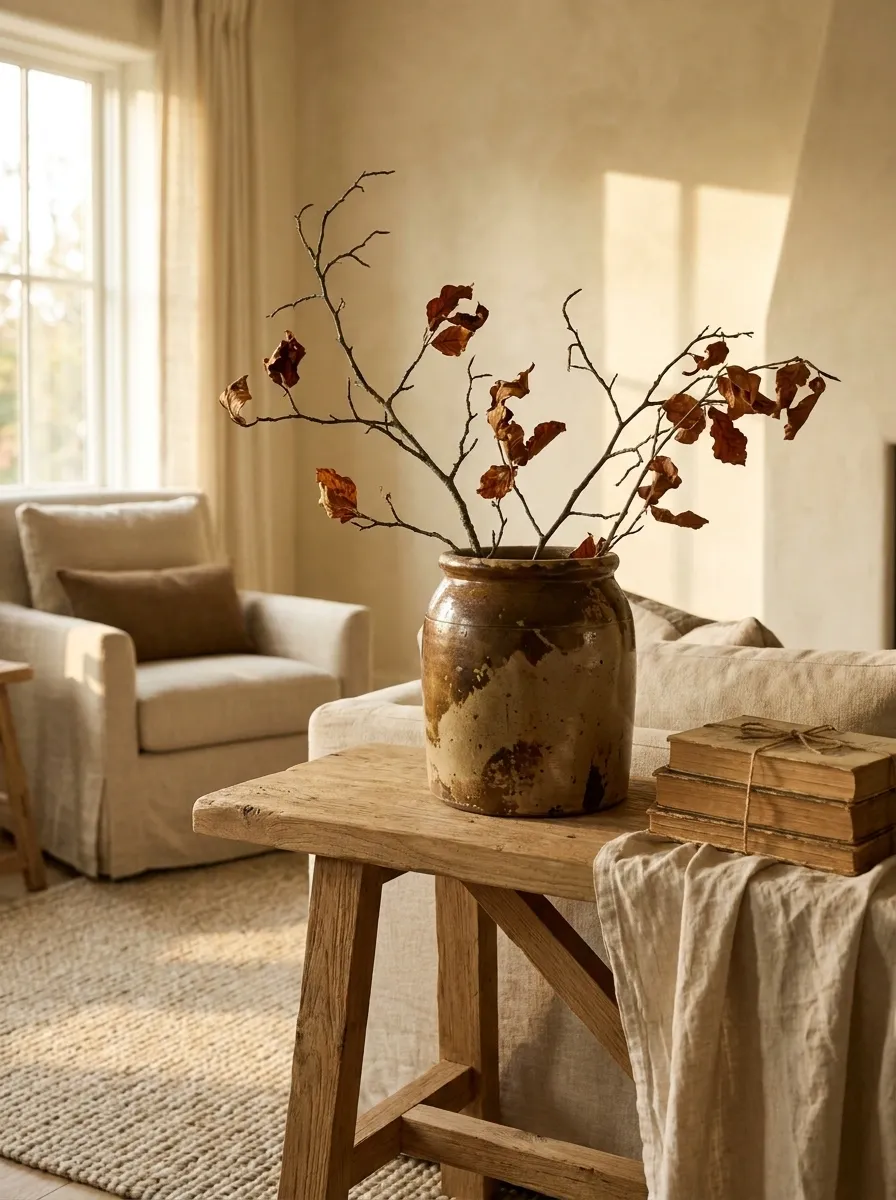 Fill a Stoneware Crock With Bare Branches and Dried Leaves