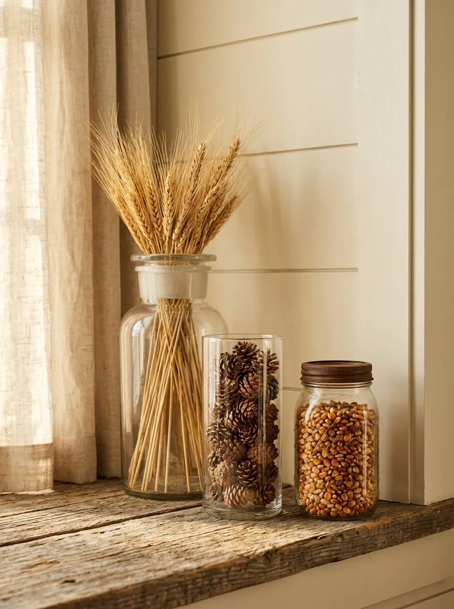 Fill Glass Jars With Dried Corn and Pinecones