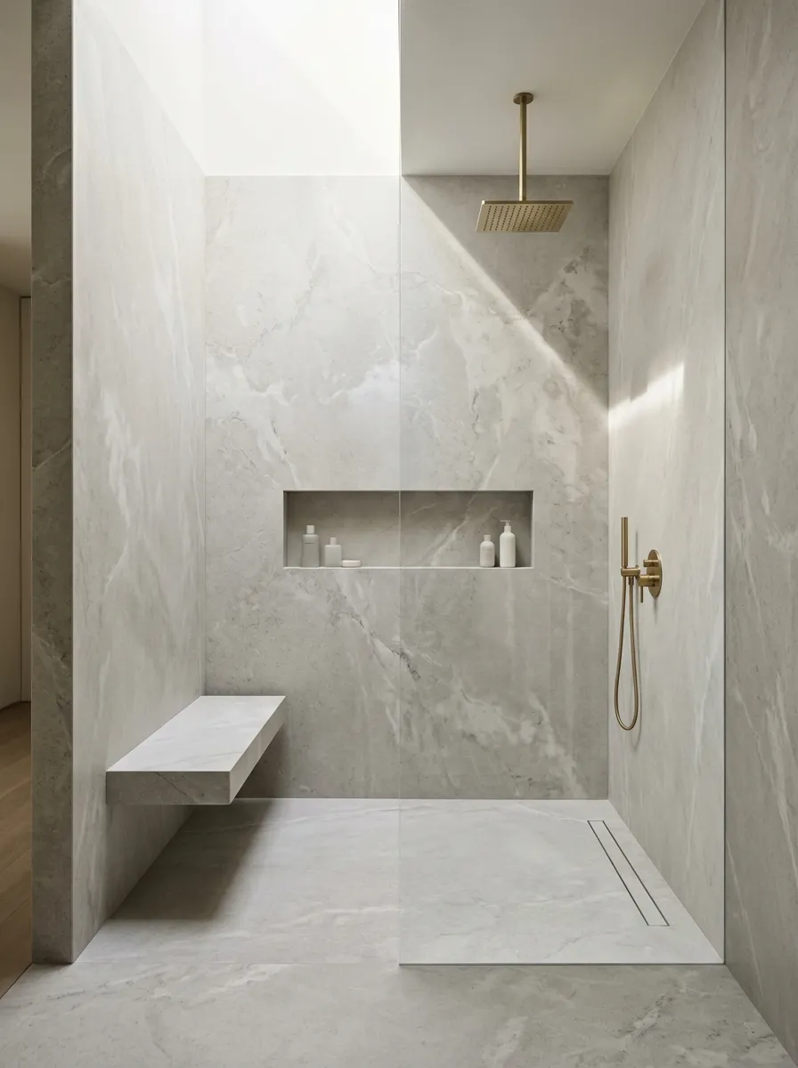 Finish the shower with one oversized slab-look surface
