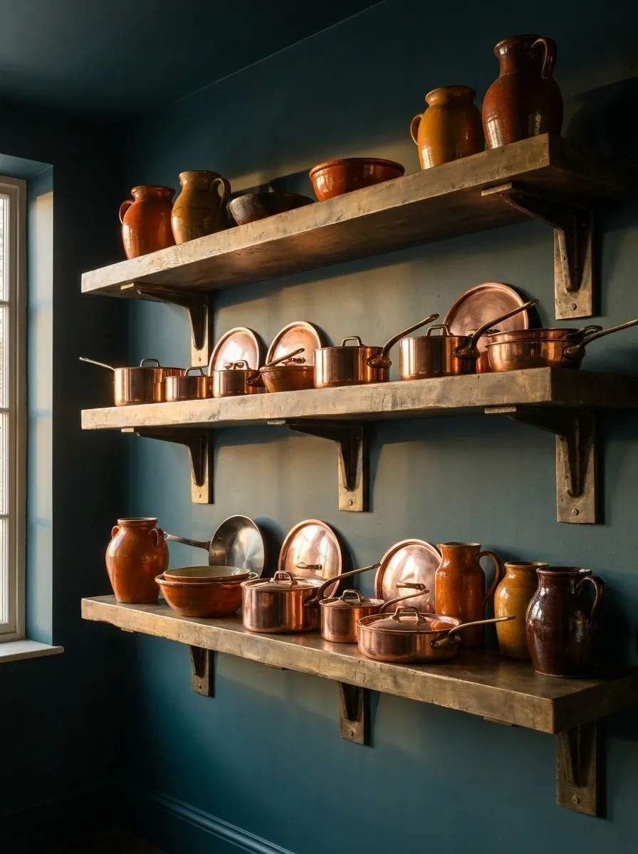 Floating Bronze Shelves Displaying Copper Cookware