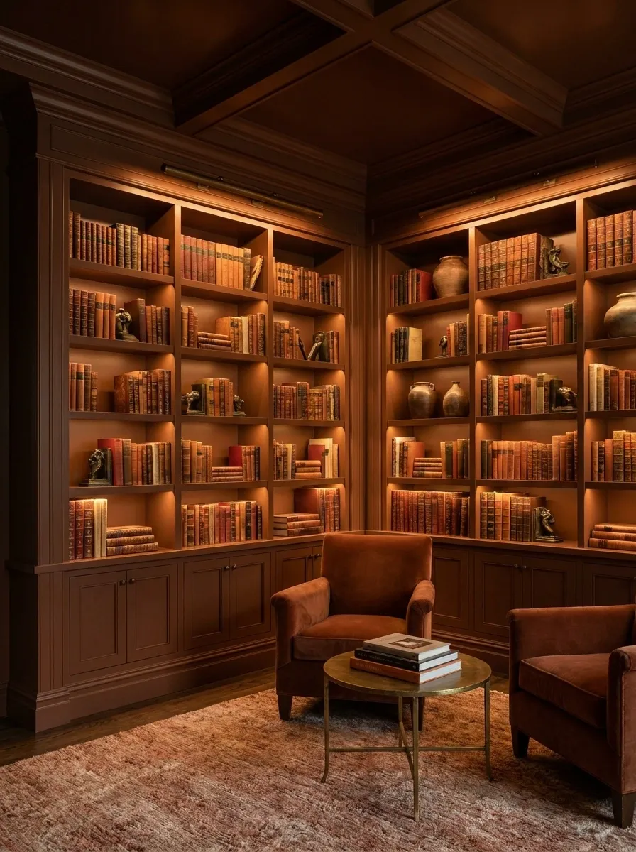 Floor-to-Ceiling Built-In Bookcases Painted Cinnamon