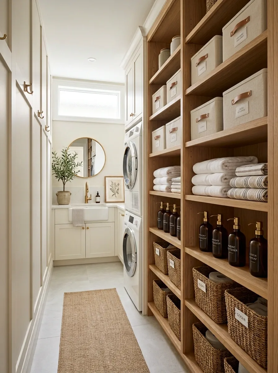 Floor-to-Ceiling Shelving in a Narrow Laundry Room