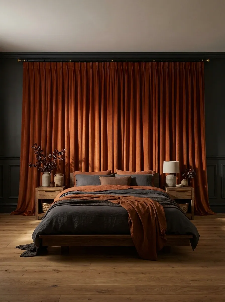 Floor-to-Ceiling Velvet Curtains in Burnt Orange