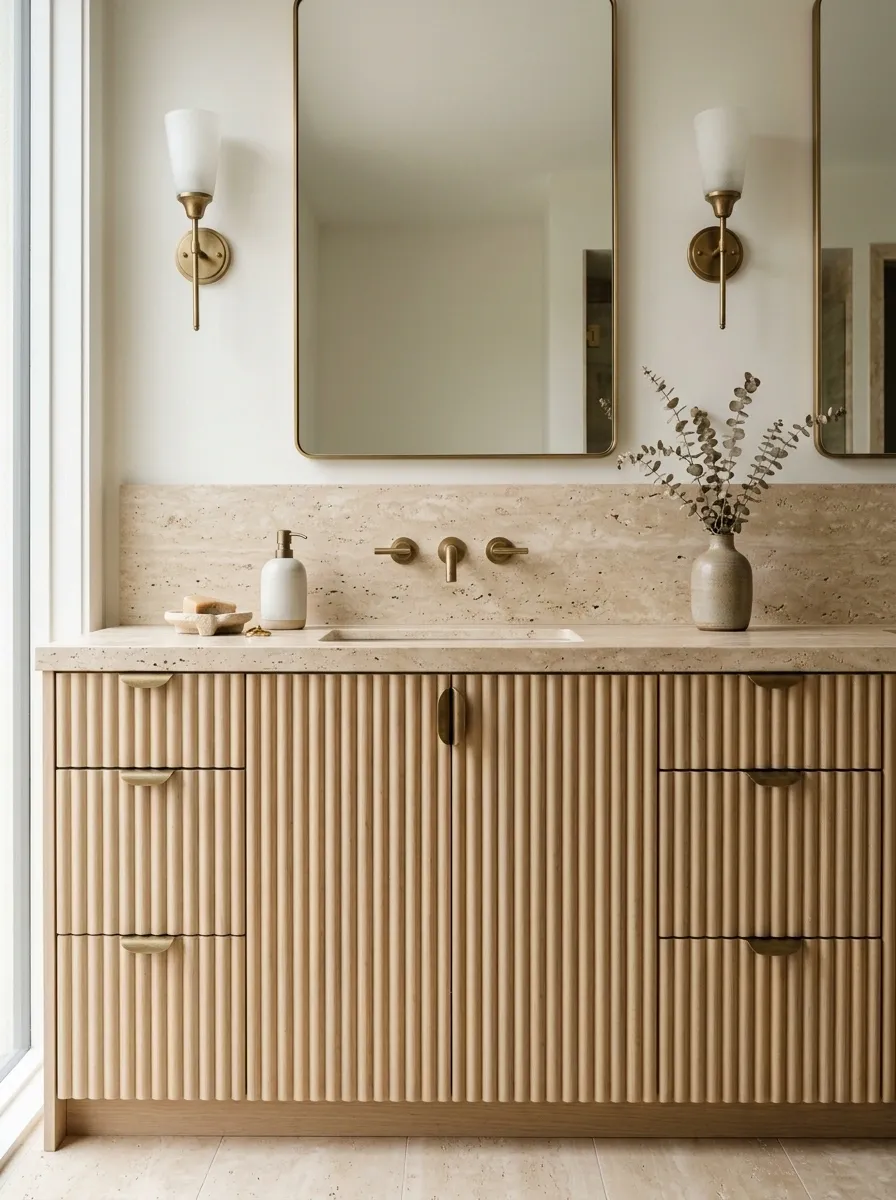 Fluted Vanity With Travertine and Aged Brass