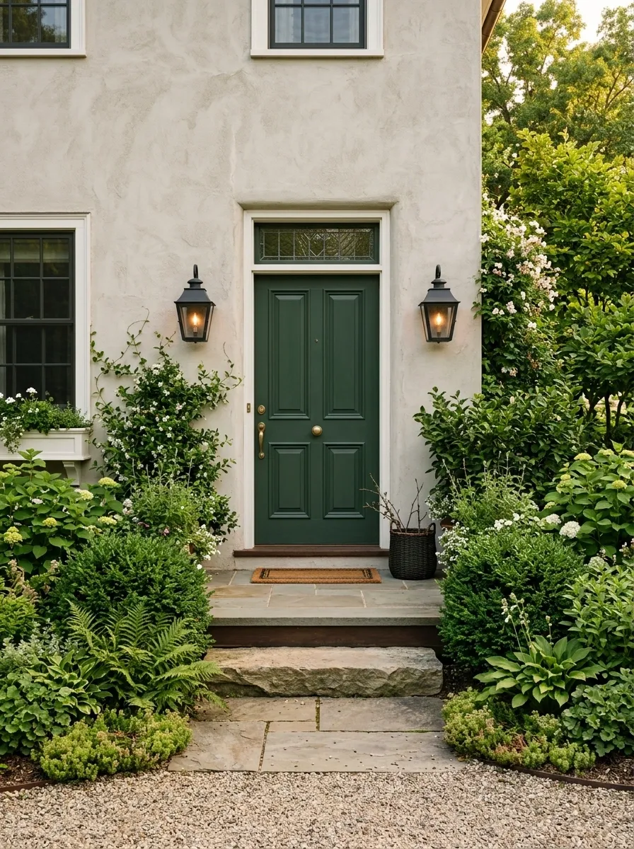Forest Green Door Framed by Dense Planting
