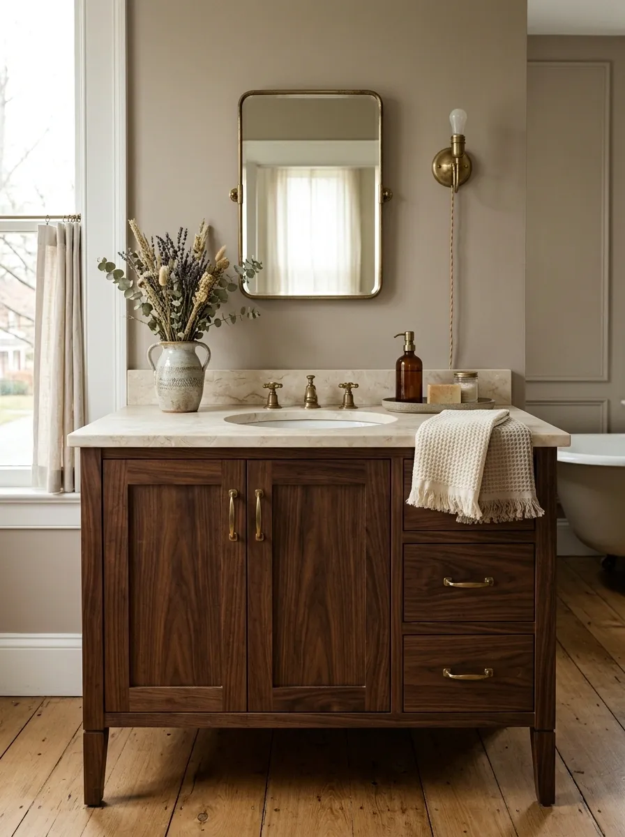 Frame the Sink With a Dark Wood Vintage Vanity