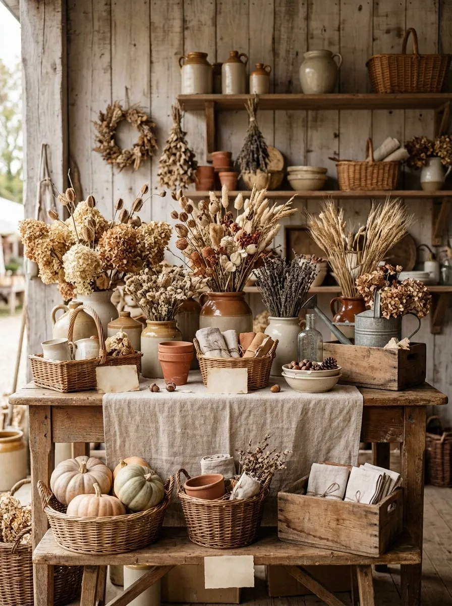 French Country Autumn Stall With Linen and Aged Wood