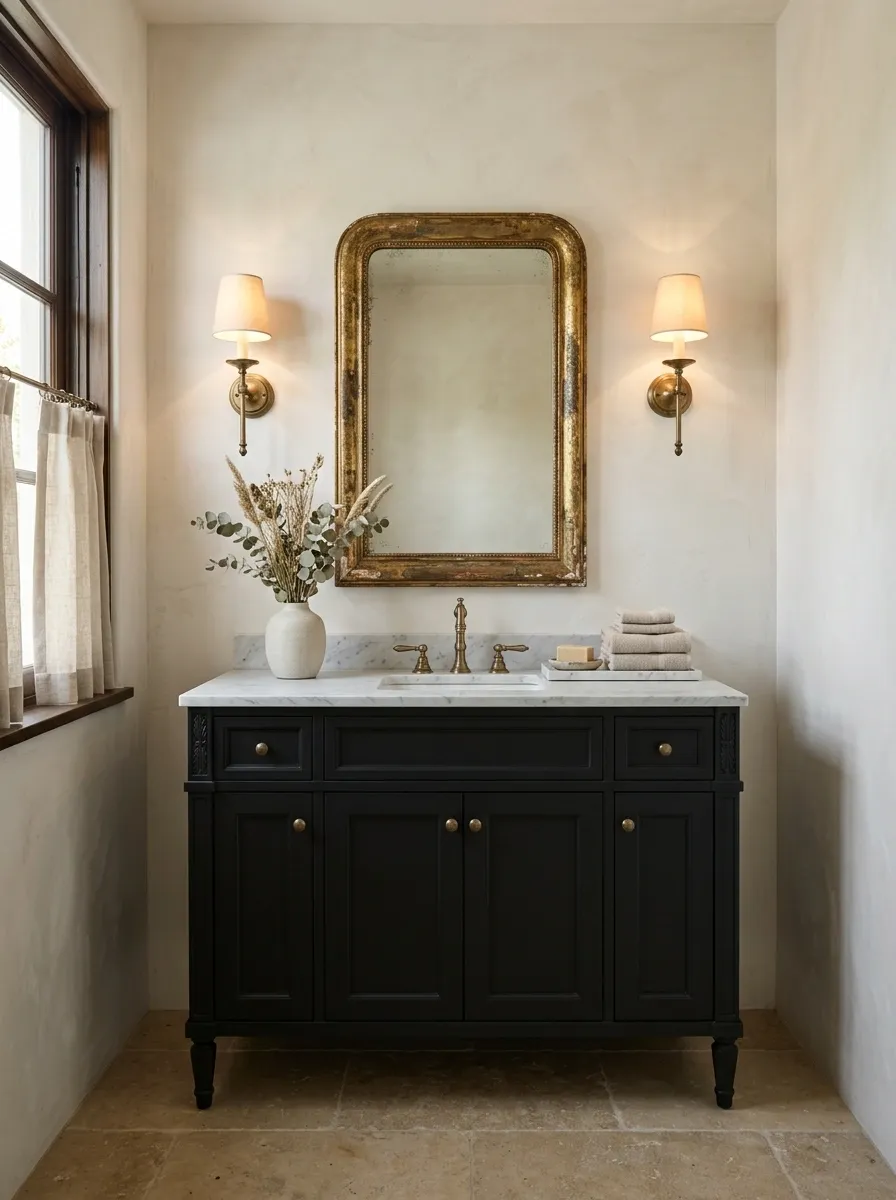 French-Inspired Black Vanity With Soft Antique Gold