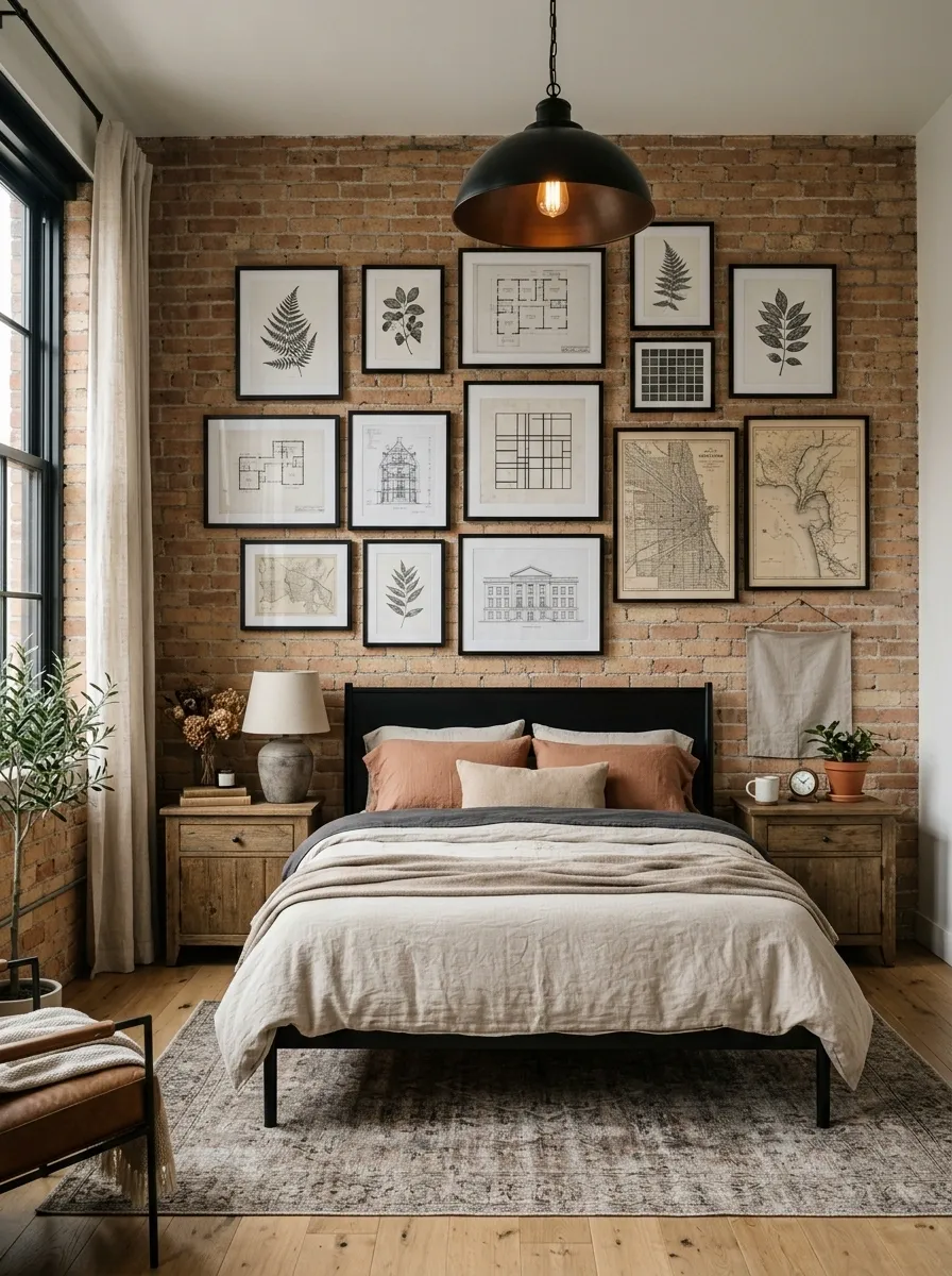 Gallery Wall Above an Exposed Brick Bedroom