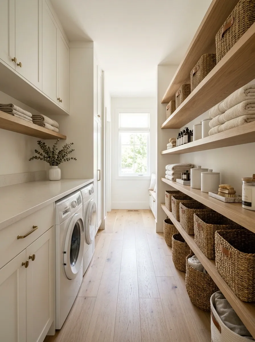 Galley Laundry Room With Continuous Open Shelving