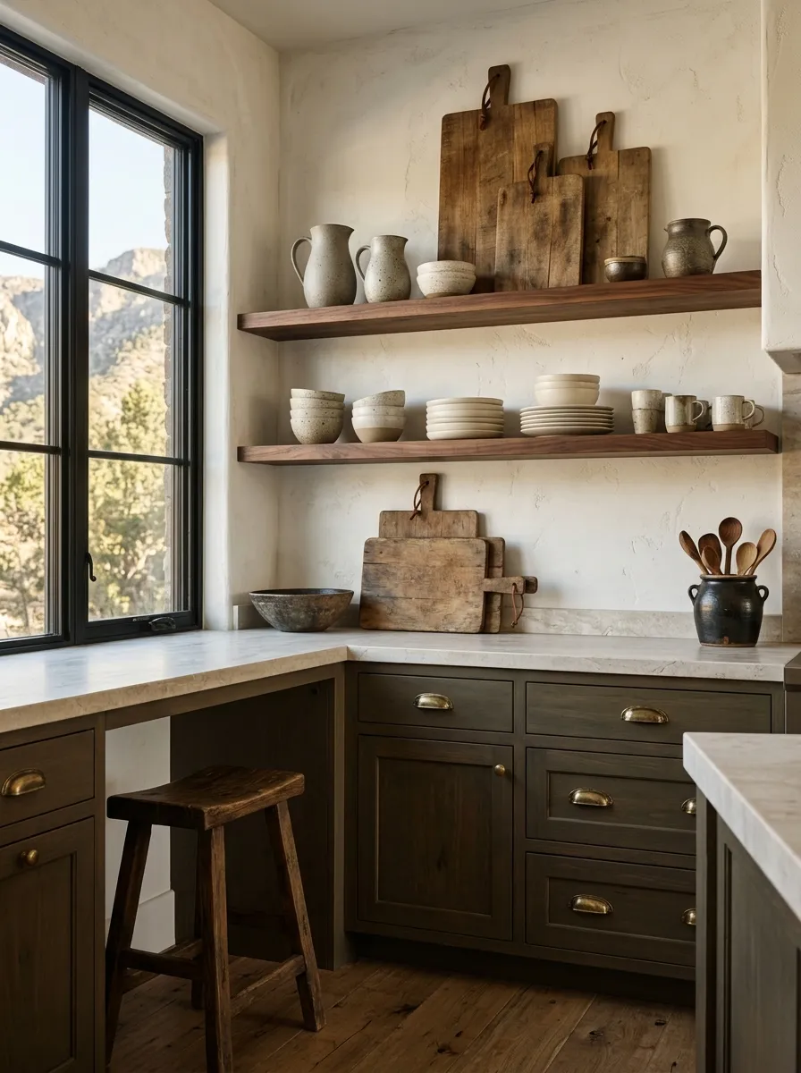 Give the Kitchen a Western Feel With Wood, Brass, and Open Shelving