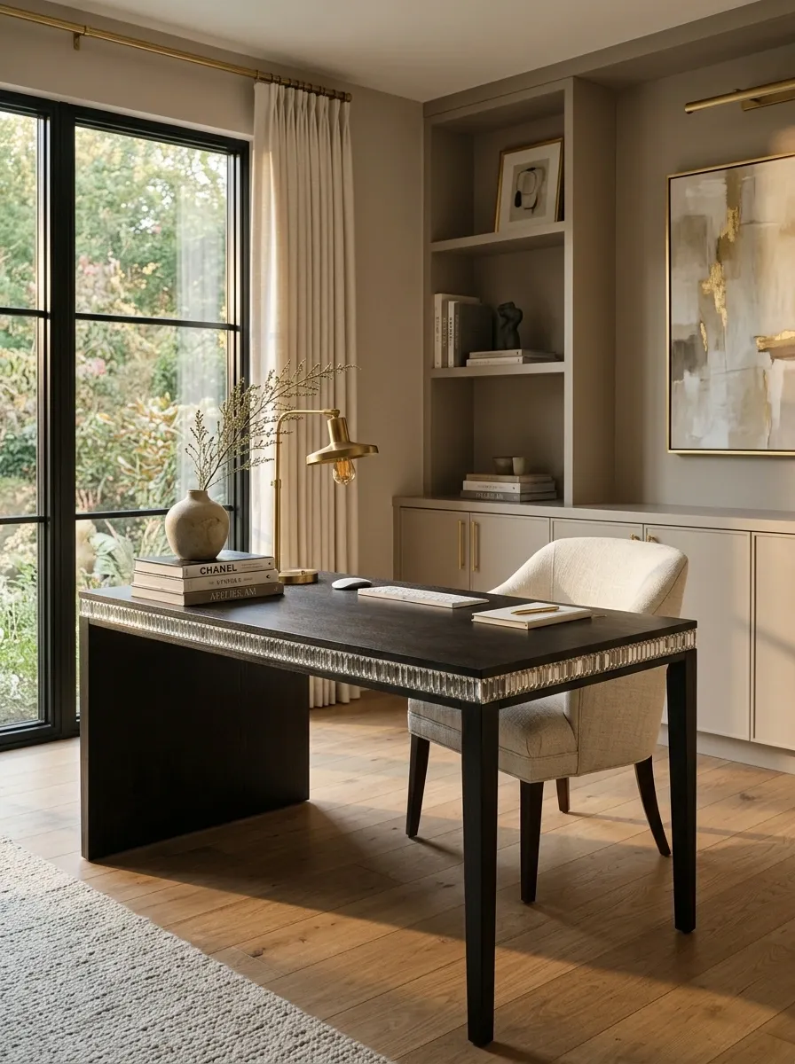 Glam Home Office With a Crystal-Edged Desk and Soft Taupe Palette