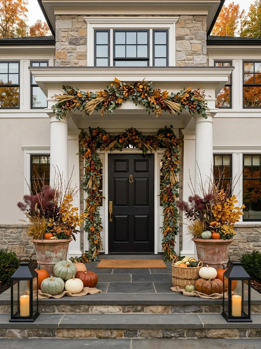Grand Front Door With Oversized Garland and Layered Containers