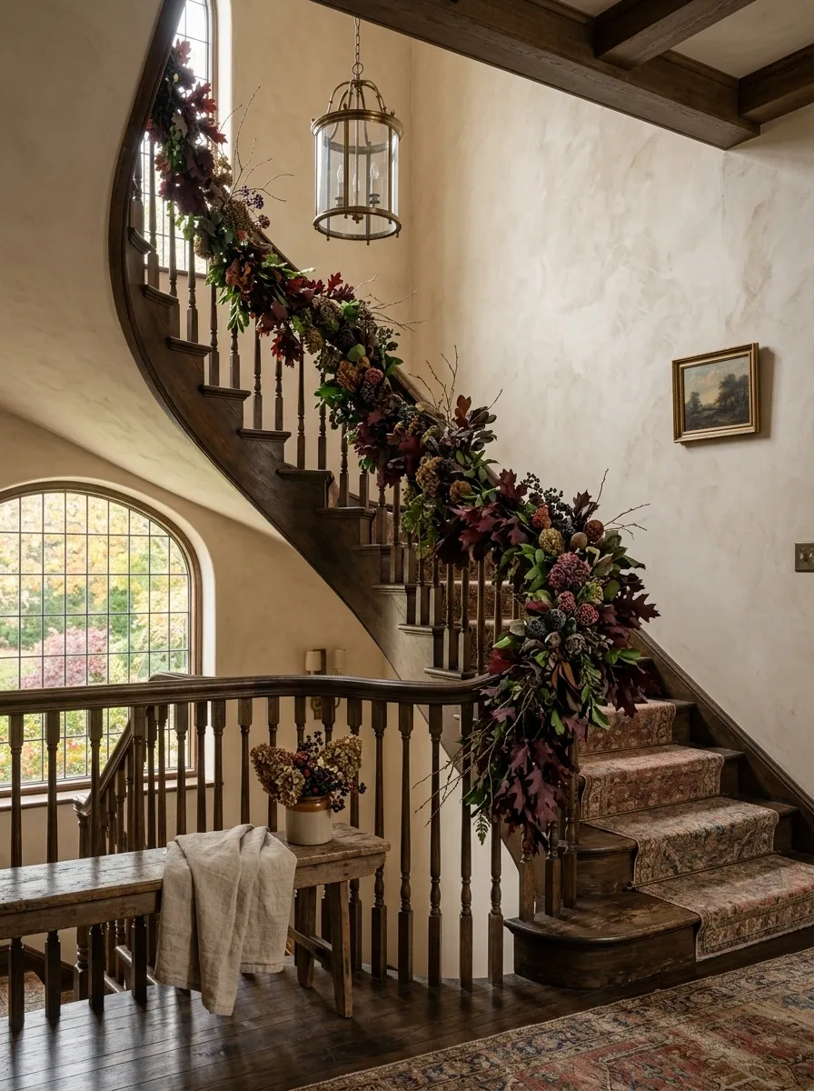 Grand Stair Landing With Deep Burgundy Foliage