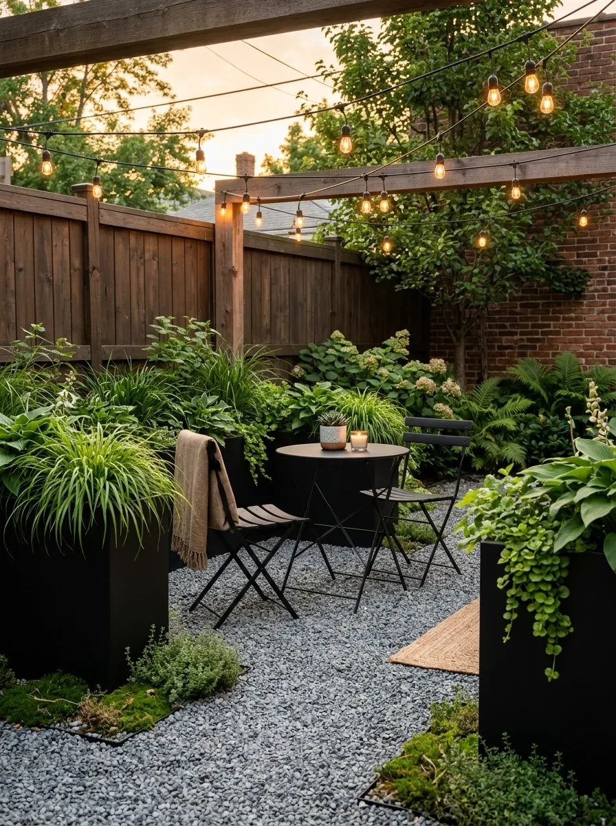 Gravel Lounge Yard With Black Bistro Furniture