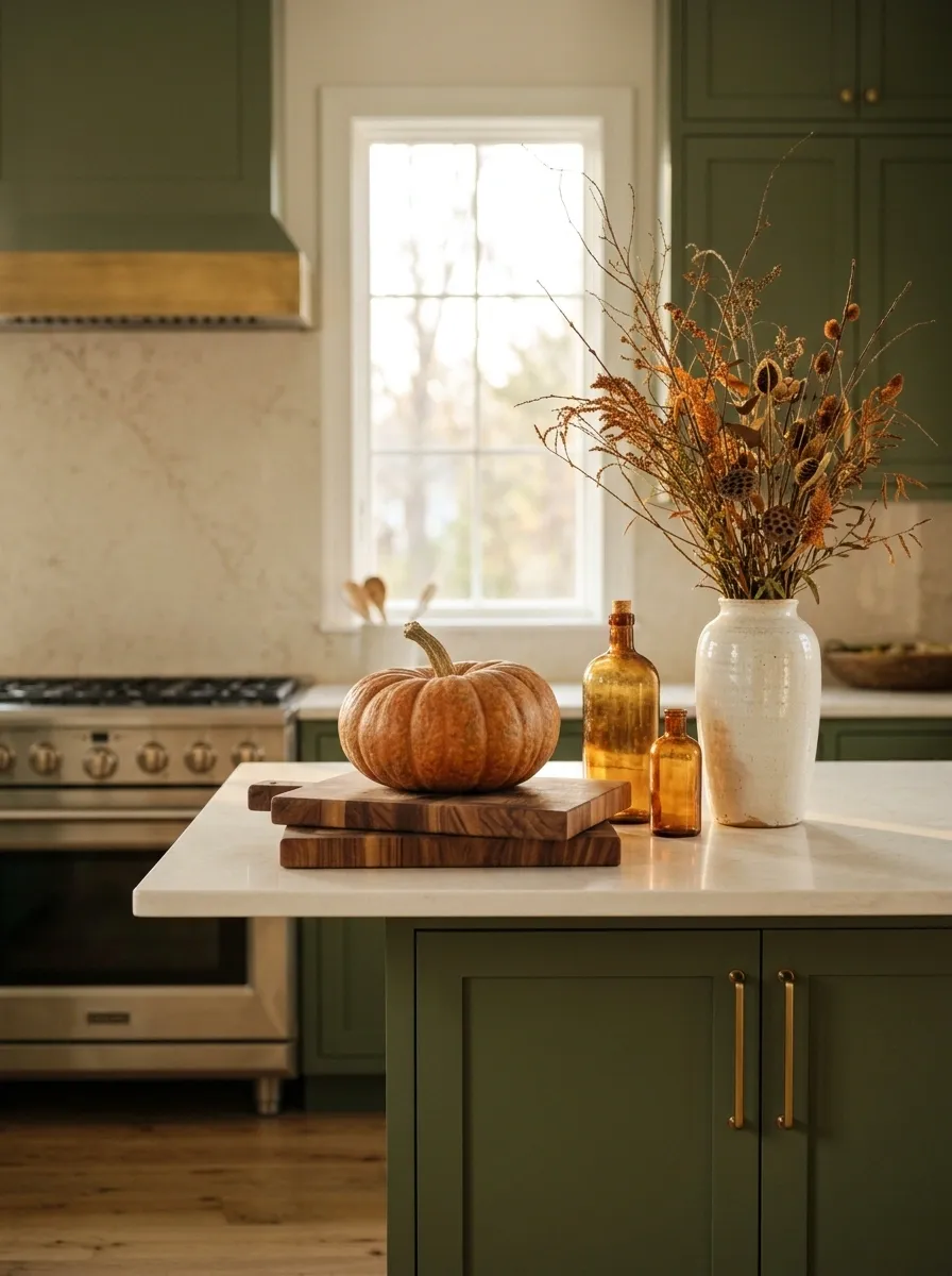 Green Cabinetry With Warm Brass and Pumpkin Orange