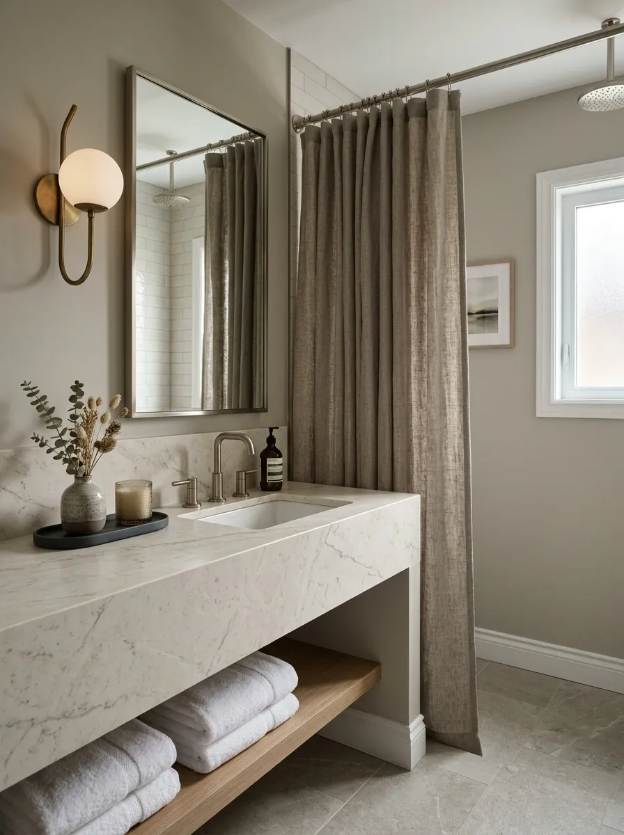 Greige Bathroom With Textured Curtain and Stone Vanity