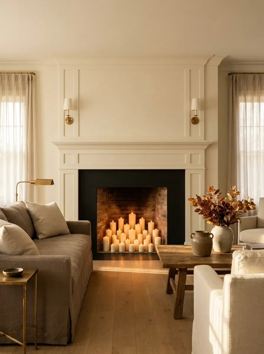 Group Pillar Candles in the Fireplace