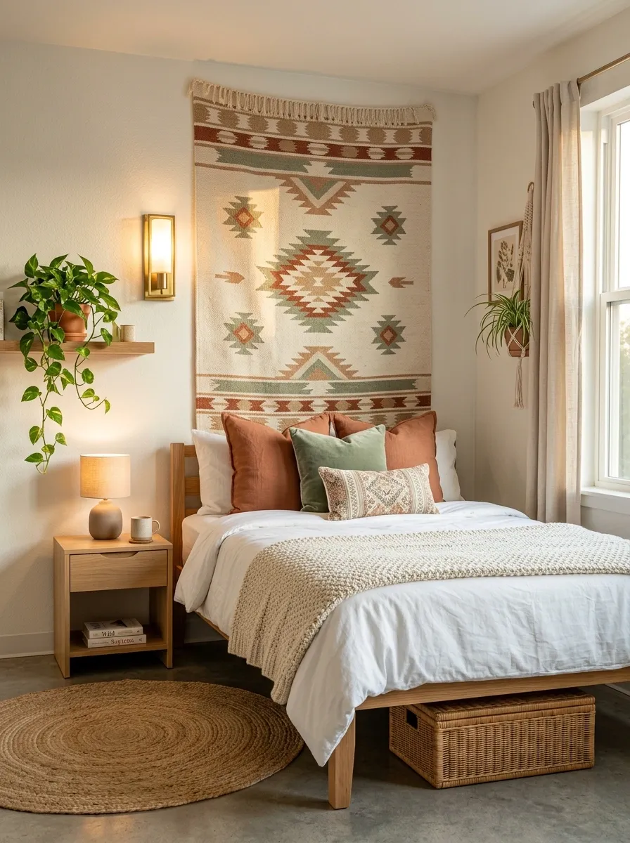 Hang a fabric tapestry behind the bed, not randomly