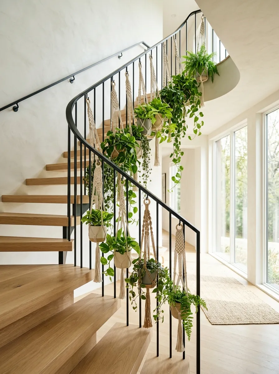 Hang A Row Of Macrame Planters From The Handrail