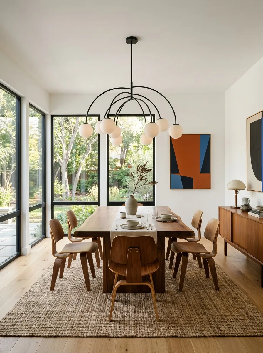 Hang a Sculptural Pendant Low Enough to Anchor the Table