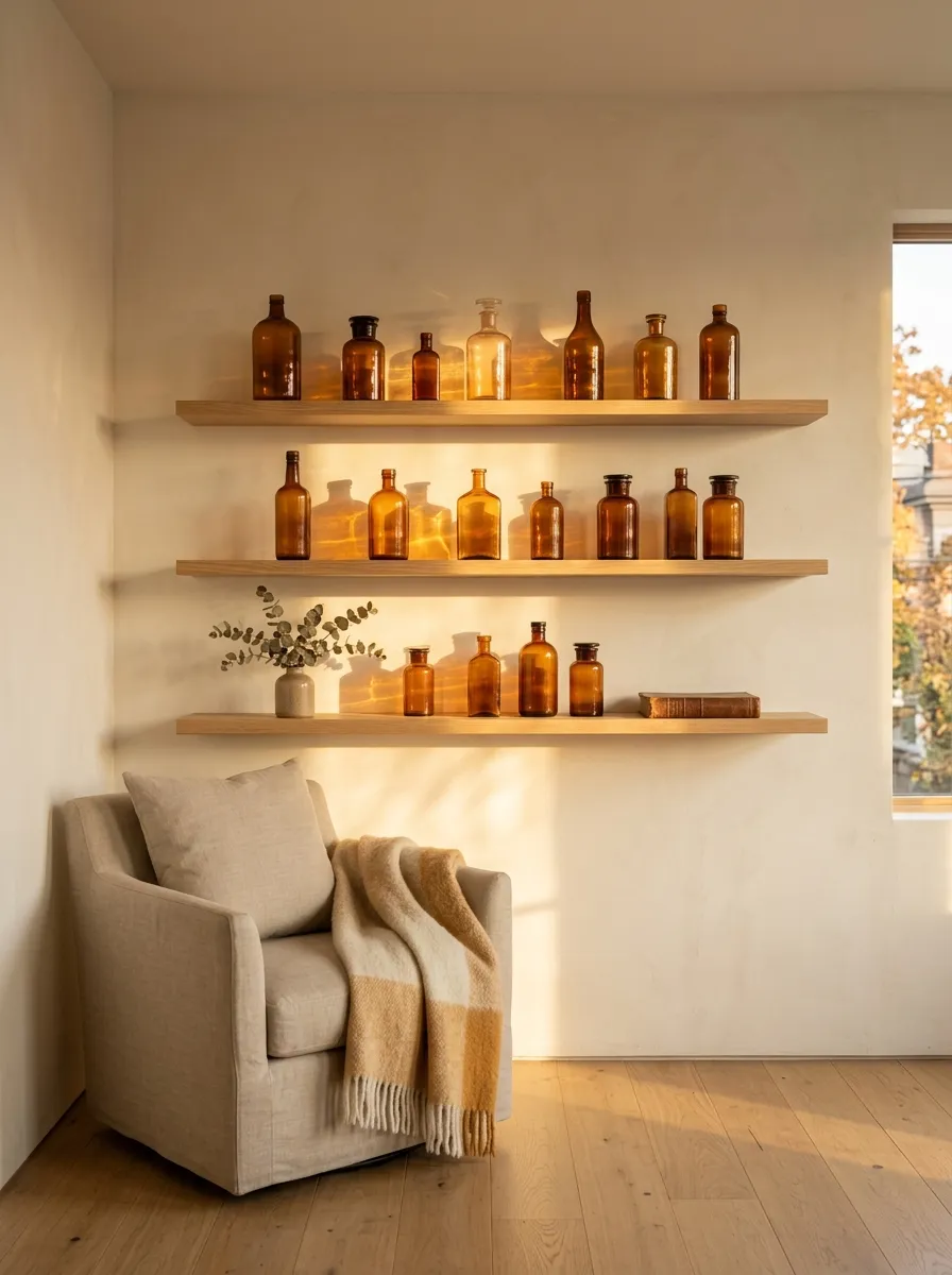 Hang Amber Glass Bottles on Floating Wall Shelves