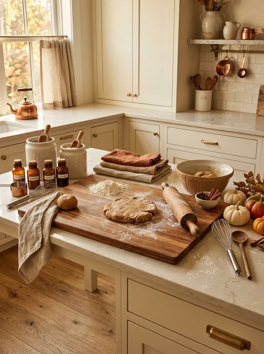 Harvest Baking Counter With Flour and Spice Jars