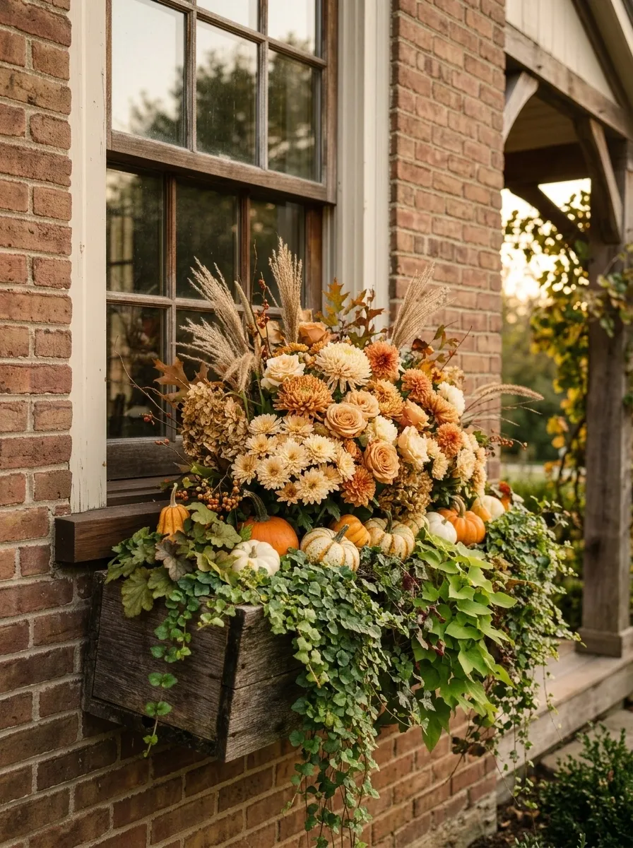 Harvest Box With Gourds and Trailing Foliage