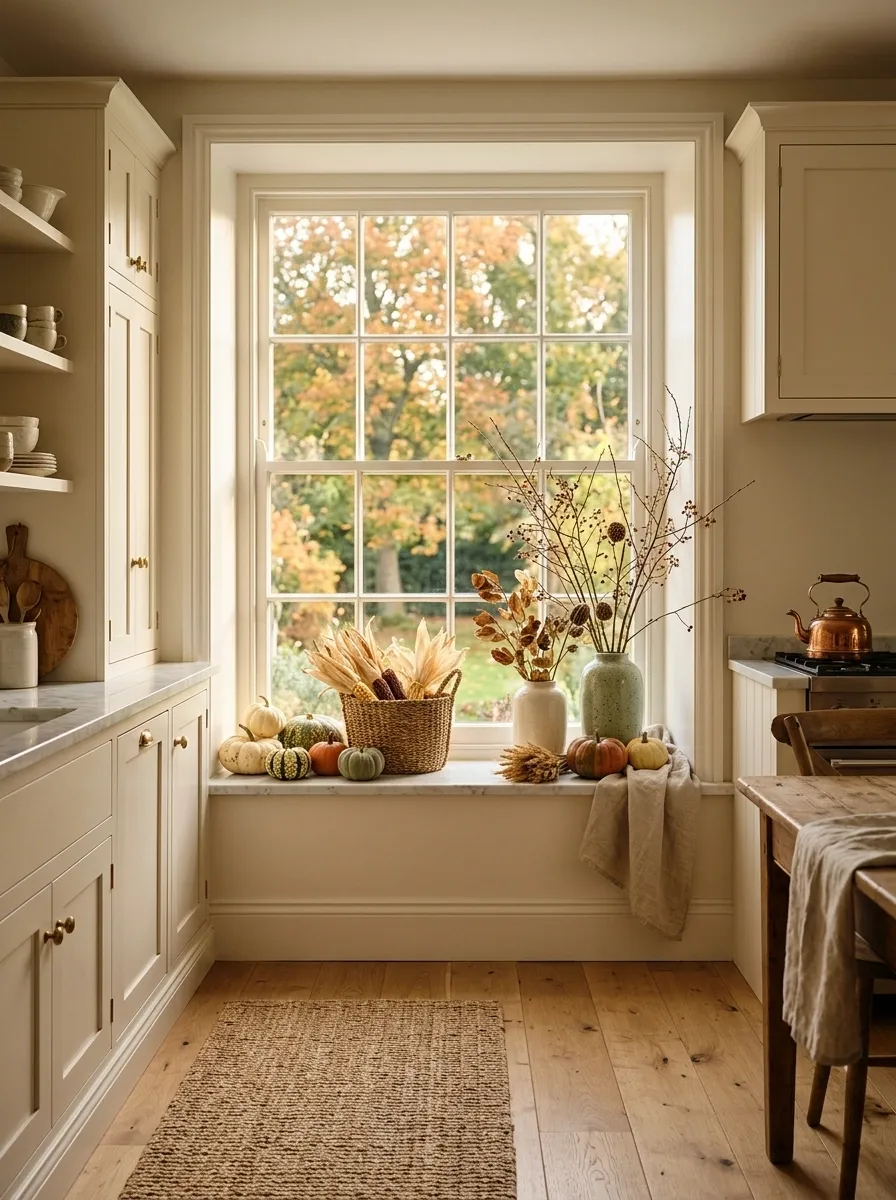 Harvest Window With Gourds and Dried Corn