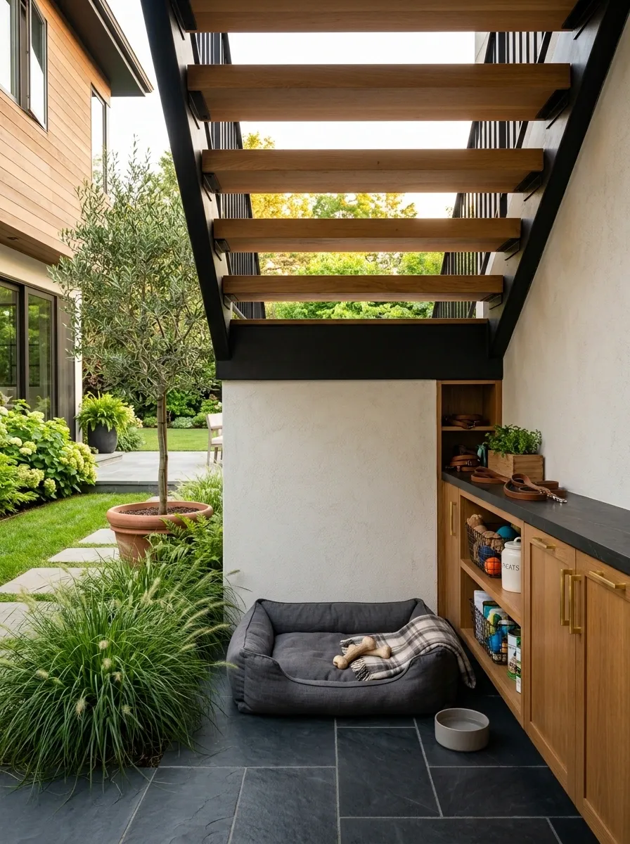 Hidden Dog Area Beneath an Outdoor Staircase
