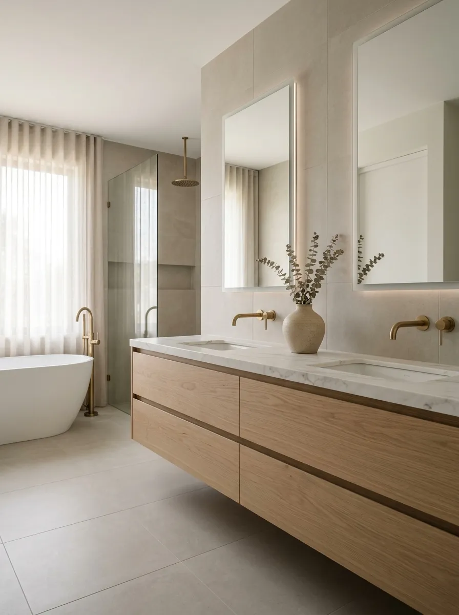 Hidden Toiletries Keep the Countertop Visually Quiet