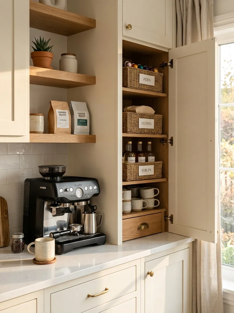 Hide Extra Coffee Supplies in Labeled Bins