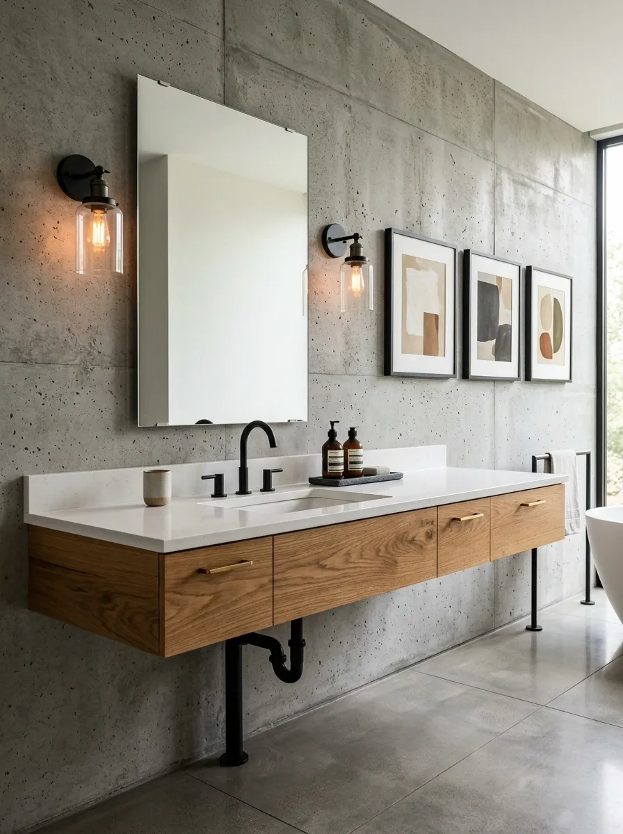 Industrial Bathroom With Concrete, Oak, and Artwork