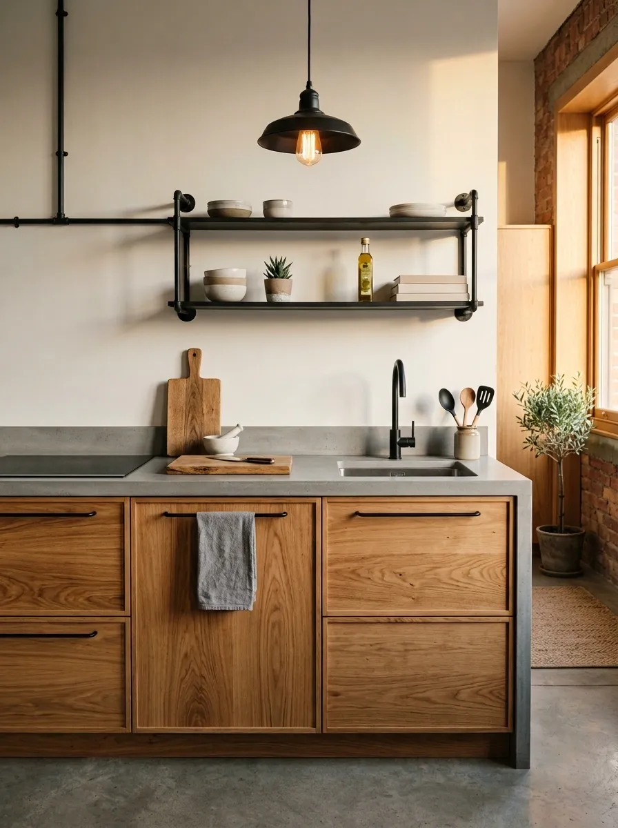 Industrial Compact Kitchen With Concrete-Look Counter and Warm Wood