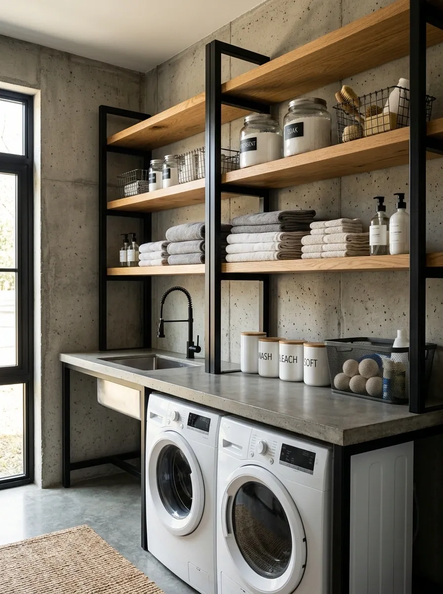 Industrial Laundry Room With Steel-Framed Shelving
