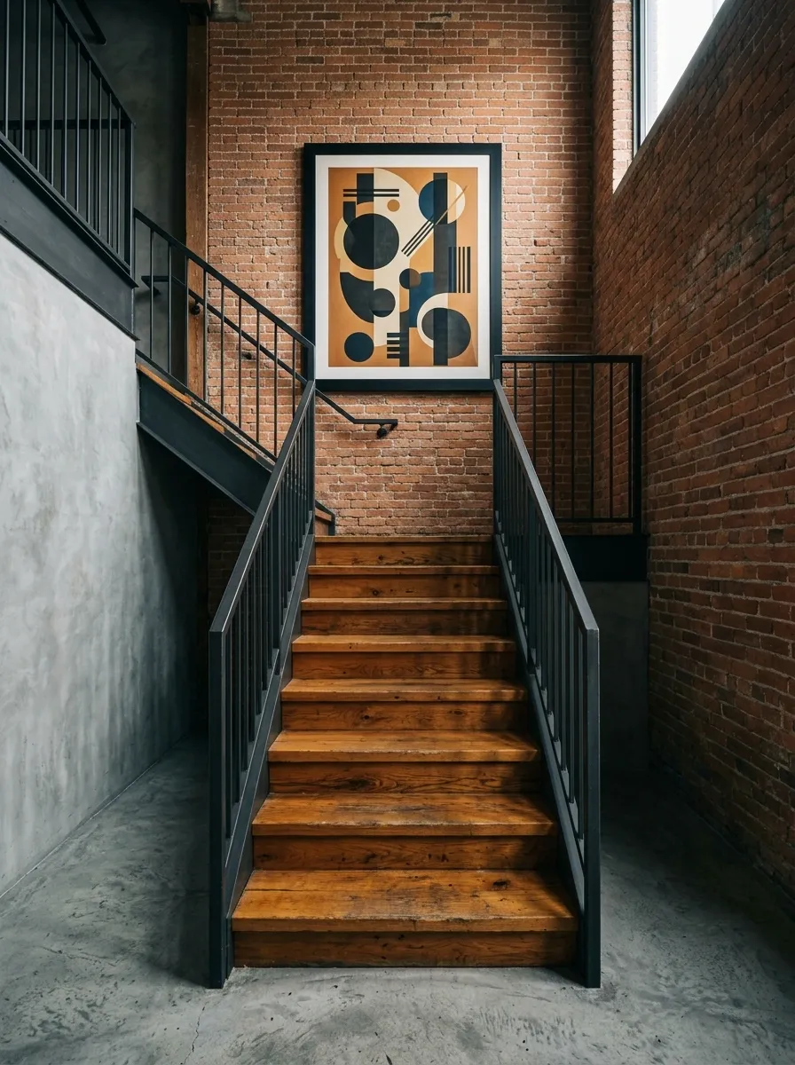 Industrial Staircase With Exposed Brick and Graphic Artwork